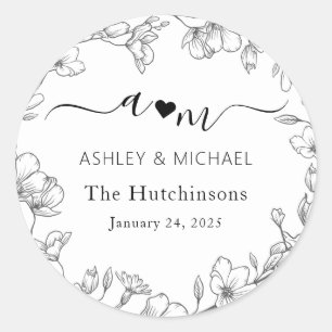 Monogram Modern Botanical Wedding Classic Round Sticker