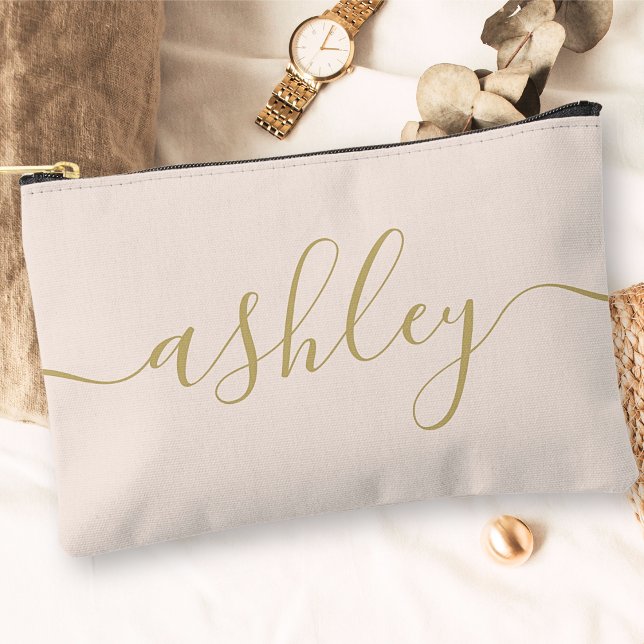 Monogram Modern Calligraphy Blush Pink Gold Script Accessory Pouch (Creator Uploaded)