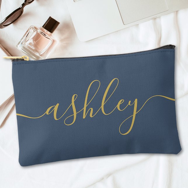 Monogram Modern Calligraphy Navy Blue Gold Script Accessory Pouch (Creator Uploaded)