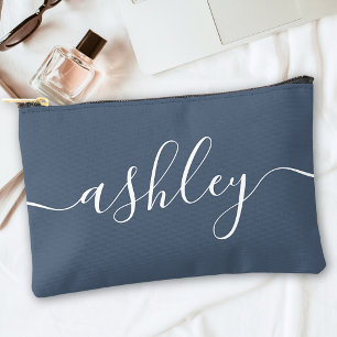 Monogram Modern Calligraphy Navy Blue White Script Accessory Pouch