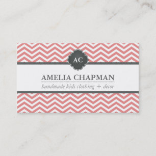 MONOGRAM modern chevron pattern coral pink grey Business Card