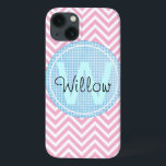 Monogram Modern Chevron Pattern Geometric Art Name iPhone 13 Case<br><div class="desc">Pink And White Chevron Pattern Modern Abstract Art
 Put your monogram or initials on this beautiful trendy pink chevron pattern! Also makes a great gift.
  A modern abstract,  cute zigzag pattern with a trendy touch of retro flair.
 Artistic cute elegant geometrical vintage retro girly design.</div>