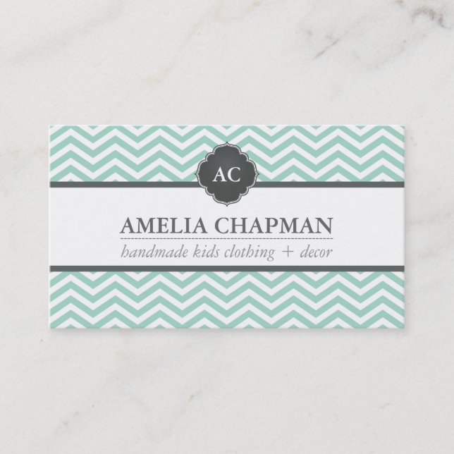 MONOGRAM modern chevron pattern mint green grey Business Card (Front)