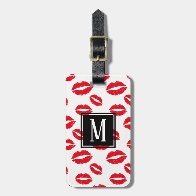 Monogram Modern Chic Red Lips Pattern Luggage Tag (Front Vertical)