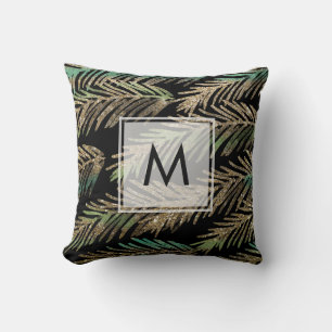 Monogram Modern Christmas Tree Leaves Throw Pillow