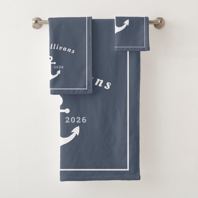 Monogram Modern Coastal Anchor Denim Blue White Bath Towel Set (Insitu)
