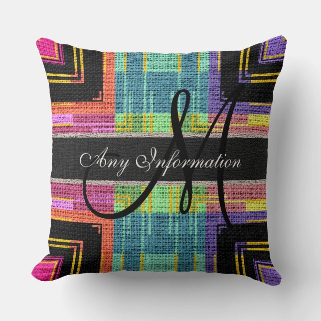 Monogram Modern Colourful Burlap Rustic Jute Cushion (Front)