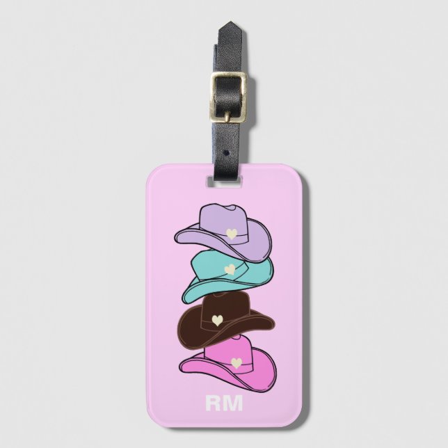 Monogram Modern Cowboy Hat Stack Pink Luggage Tag (Front Vertical)