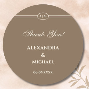 Monogram Modern Cream Taupe Wedding Thank You Classic Round Sticker