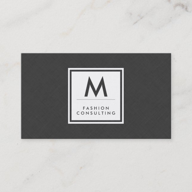 Monogram Modern Dark Grey Linen Faux Pattern Business Card (Front)