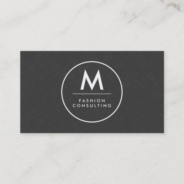 Monogram Modern Dark Grey Linen Faux Pattern Business Card (Front)