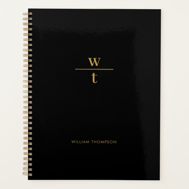 Monogram Modern Elegant Black Gold  Planner (Front)