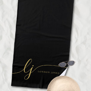 Monogram Modern Elegant Black Gold Script Initials Beach Towel