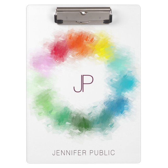 Monogram Modern Elegant Colourful Personalised Clipboard (Front)