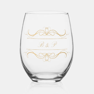 Monogram Modern Elegant Gold Swirl Wedding Stemless Wine Glass