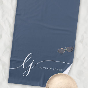 Monogram Modern Elegant Navy White Script Initials Beach Towel