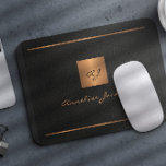 Monogram modern elegant script name gold black mouse pad<br><div class="desc">Luxury exclusive looking monogrammed stylish personalised mousepad featuring a faux gold copper metallic glitter square and lines over a stylish classy black leather look background.           Personalise it with your text,  your name and monogram initials.</div>