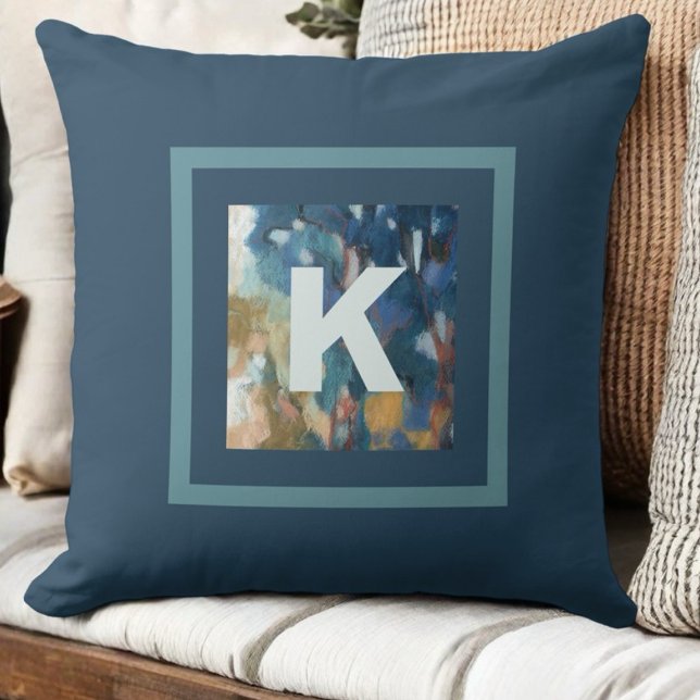 Monogram modern farmhouse blue teal watercolor  cushion (Creator Uploaded)