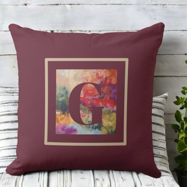 Monogram modern farmhouse burgundy watercolor  cushion (Creator Uploaded)