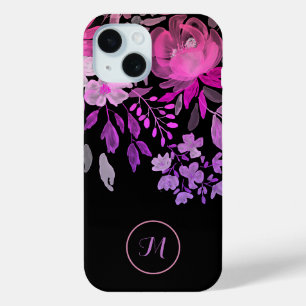 Monogram Modern Feminine Bright Pink Floral Black iPhone 15 Case