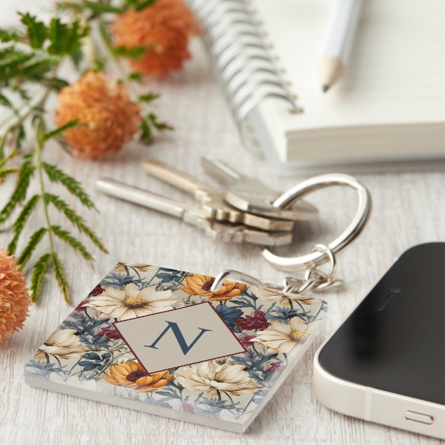 Monogram Modern Floral Personalised Key Ring (Front Right)