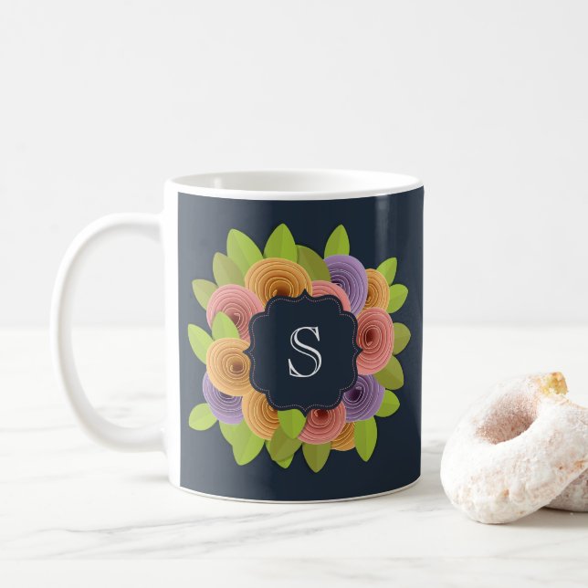 Monogram Modern Floral Script Coffee Mug (With Donut)