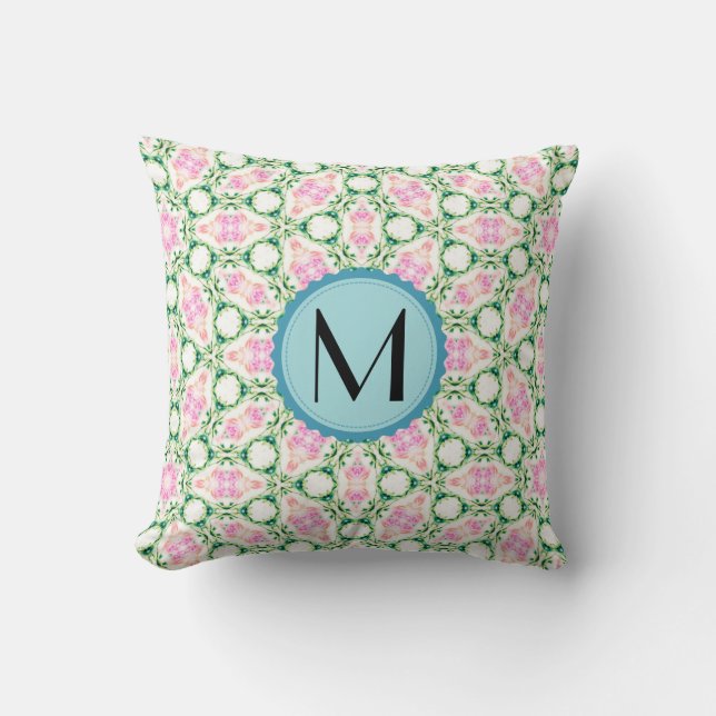 Monogram Modern Geometric Pink Floral Pattern Cushion (Front)