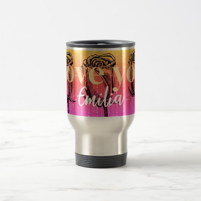 Monogram modern girly gradient roses Valentine Travel Mug (Center)