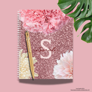 Monogram modern glitter with pink and white floral notebook