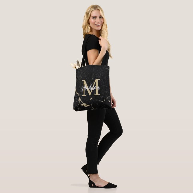 Monogram Modern Gold Black Marble Tote Bag (On Model)