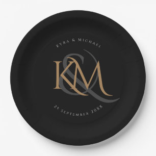 Monogram Modern Gold Script Black Elegant Wedding Paper Plate