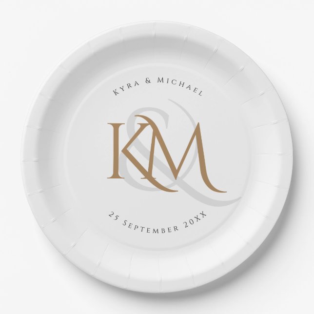 Monogram Modern Gold Script Elegant White Wedding Paper Plate (Front)