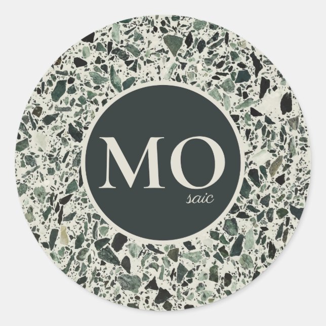Monogram Modern Green Terrazzo Classic Round Sticker (Front)