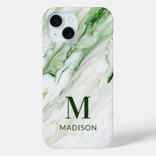 Monogram Modern Green White Stylish Personalised iPhone 15 Case