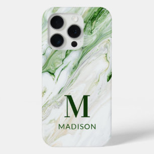 Monogram Modern Green White Stylish Personalised iPhone 15 Pro Case