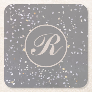 Monogram Modern Grey Terrazzo Square Paper Coaster