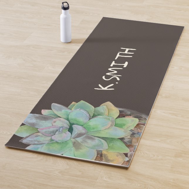 Monogram Modern Hand Drawn Watercolor Succulent. Yoga Mat (In Situ)