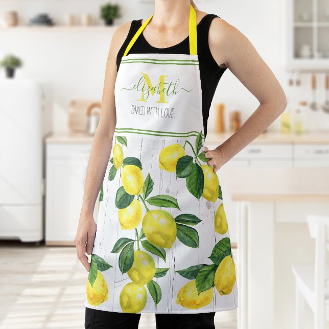 Monogram modern lemons watercolor on rustic wood apron (Creator Uploaded)
