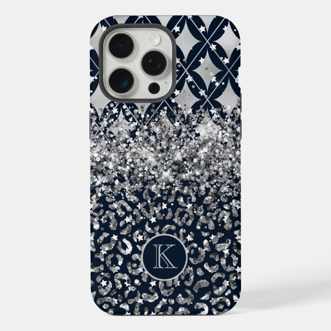 Monogram Modern Leopard Print Glitter Personalised iPhone Case (Back)