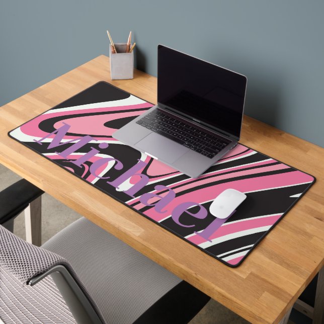 Monogram modern marble l Pink and black Desk Mat (Office 2)