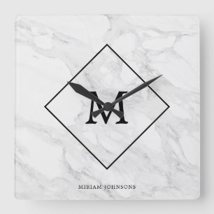 Monogram modern marble square wall clock