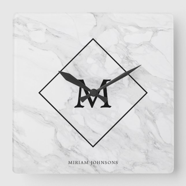 Monogram modern marble square wall clock (Front)