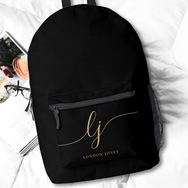 Monogram Modern Minimal Black Gold Initials Printed Backpack (Creator Uploaded)