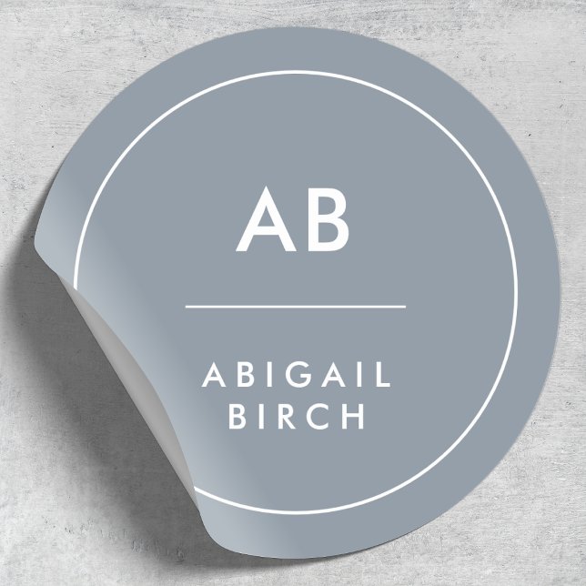 Monogram Modern Minimal Dusky Blue Grey Classic Round Sticker (Creator Uploaded)