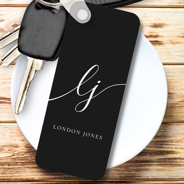Monogram Modern Minimal Elegant Black White Key Ring (Creator Uploaded)