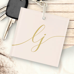 Monogram Modern Minimal Elegant Blush Gold Script Key Ring