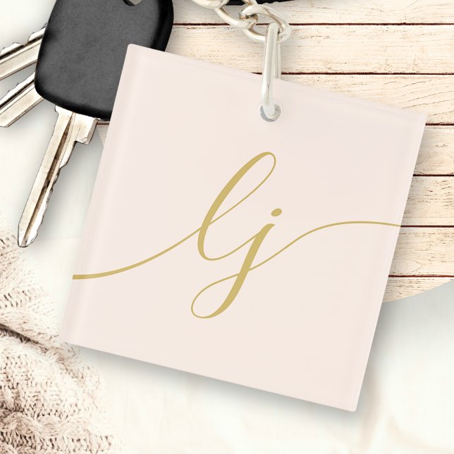 Monogram Modern Minimal Elegant Blush Gold Script Key Ring (Creator Uploaded)
