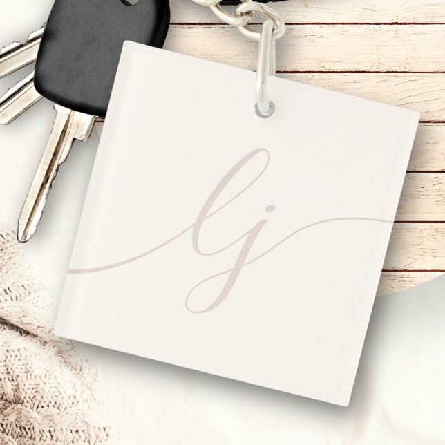 Monogram Modern Minimal Elegant ivory Pink Script Key Ring (Creator Uploaded)