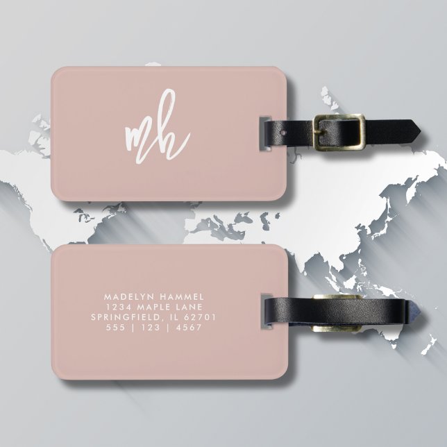 Monogram Modern Minimal Script Initials Pink Luggage Tag (Creator Uploaded)