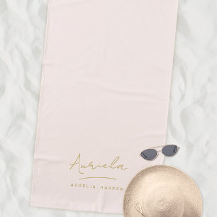 Monogram Modern Minimal Stylish Blush Pink Gold  Beach Towel